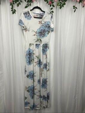 Reborn J Maxi Dress S/M White Blue Floral Banded Crew Neck Pockets Soft EUC